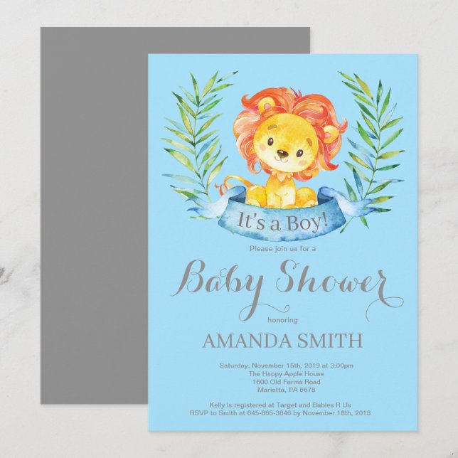 Invitación a Baby Shower de león de niño azul y gr (Anverso / Reverso)