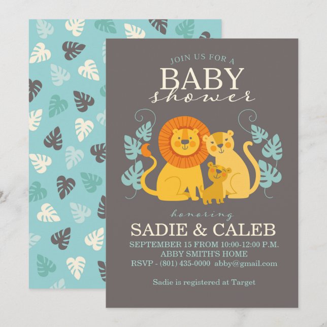 Invitación a Baby Shower de León Gris, Amarillo, S (Anverso / Reverso)