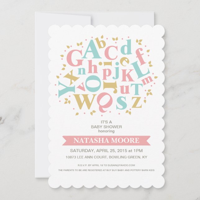 Invitación a Baby Shower de letras de alfabeto (Anverso)