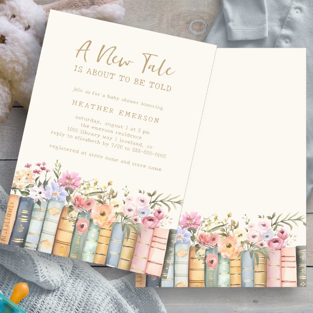 Invitación a Baby Shower de Libros de biblioteca (Floral Library Books Baby Shower Invitation by Painted Paperie
)