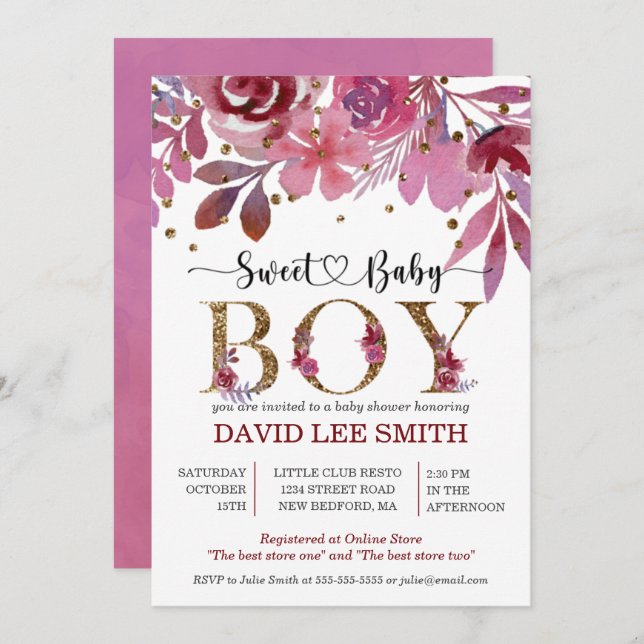 Invitación a Baby Shower de Lila y Gold Confetti B (Anverso / Reverso)