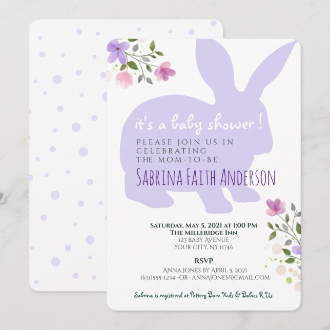 Invitación a Baby Shower de Lilac Floral Bunny (Anverso / Reverso)