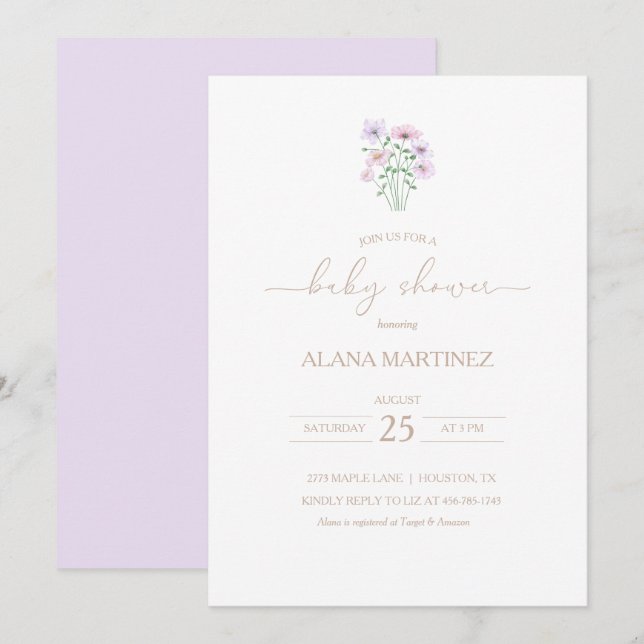 Invitación a Baby Shower de Lilac Purple Floral (Anverso / Reverso)