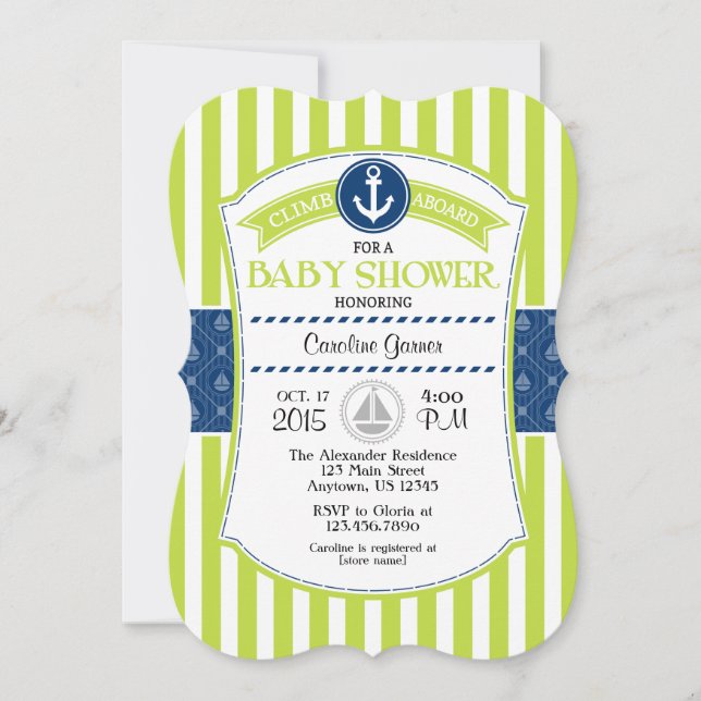 Invitación a Baby Shower de Lime Green Blue Nautic (Anverso)