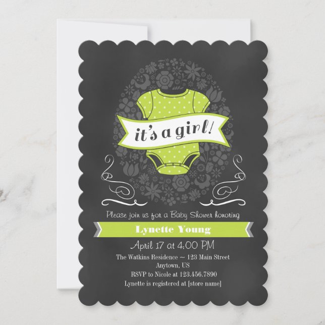 Invitación a Baby Shower de Lime Green Chalkboard  (Anverso)
