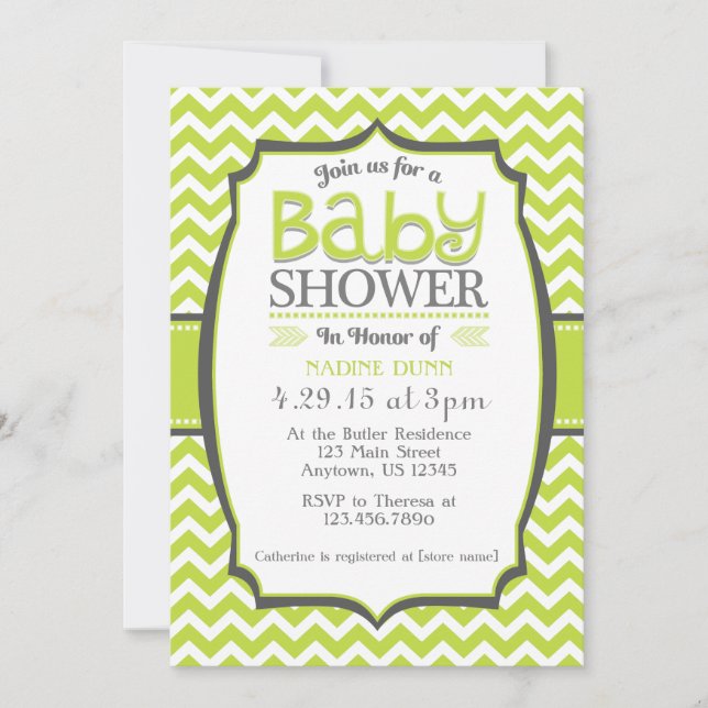 Invitación a Baby Shower de Lime Green Gray Chevro (Anverso)