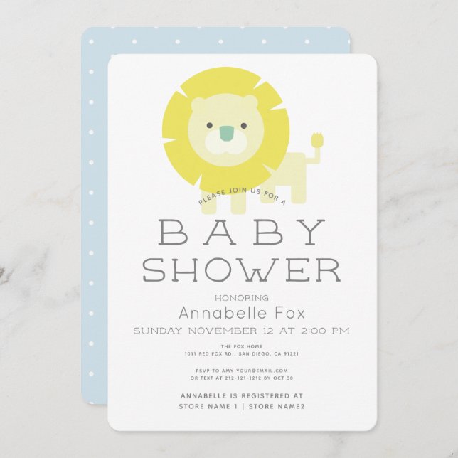 Invitación a Baby Shower de Lion Baby Blue Boy (Anverso / Reverso)