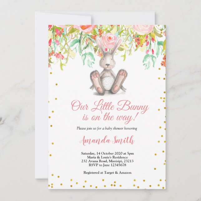 Invitación a Baby Shower de Little Bunny Spring (Anverso)