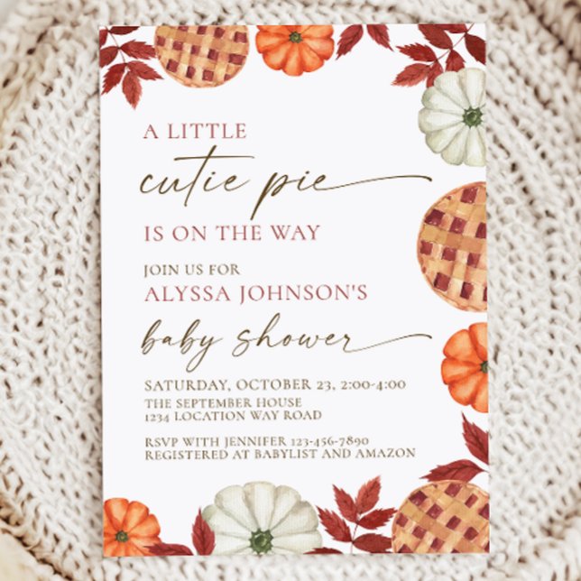 Invitación a Baby Shower de Little Cutie Pie (Fall baby shower invitation reads "a little cutie pie is on the way," featuring watercolor fall art)