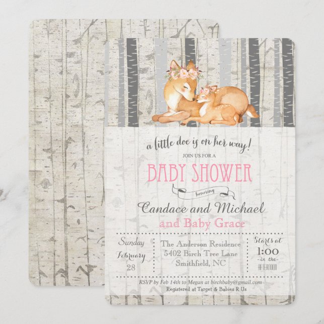 Invitación a Baby Shower de Little Deer Birch Chic (Anverso / Reverso)