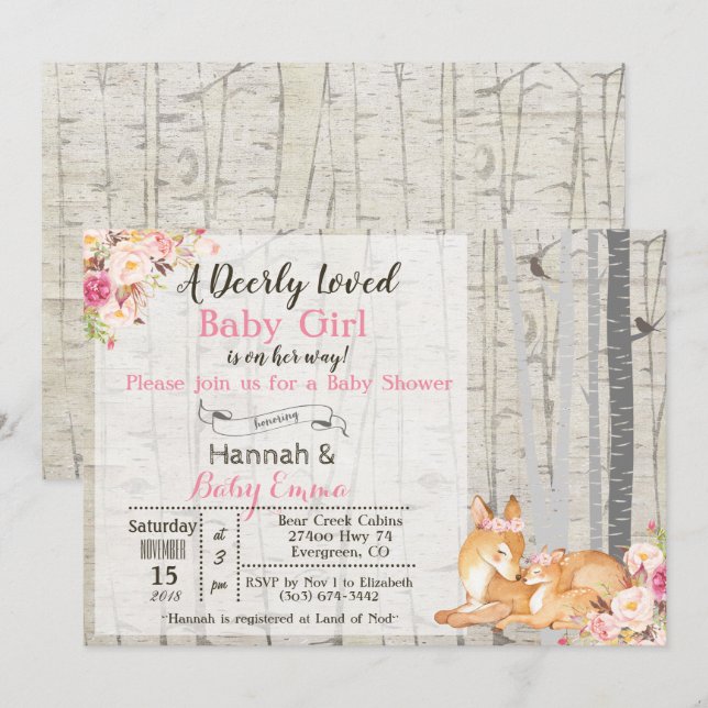 Invitación a Baby Shower de Little Deer Chica Flor (Anverso / Reverso)