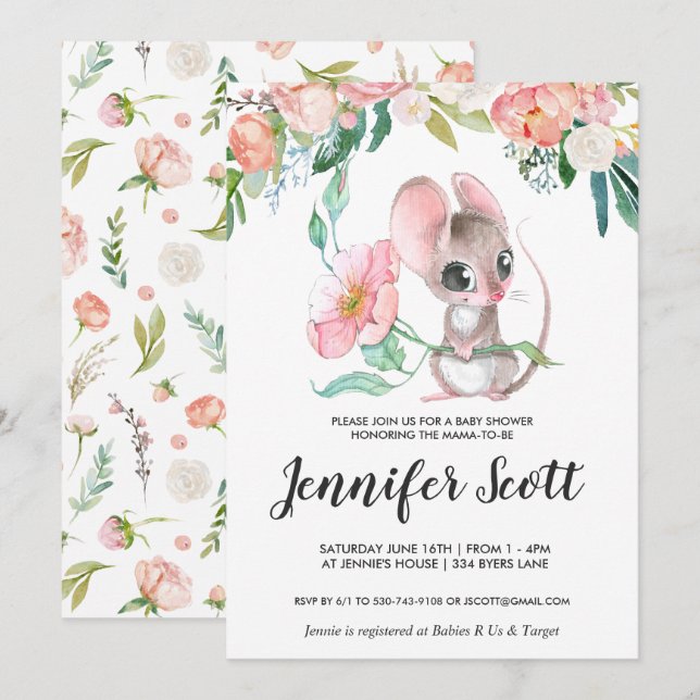 Invitación a Baby Shower de Little Floral Mouse (Anverso / Reverso)