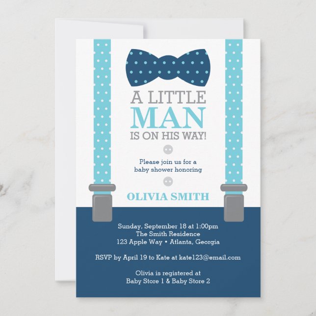 Invitación a Baby Shower de Little Man, azul bebé, (Anverso)