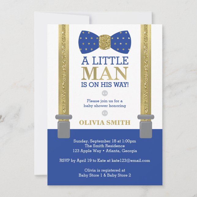 Invitación a Baby Shower de Little Man, azul, fals (Anverso)