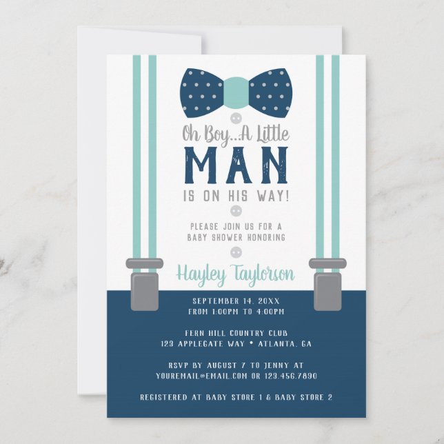 Invitación a Baby Shower de Little Man, azul marin (Anverso)