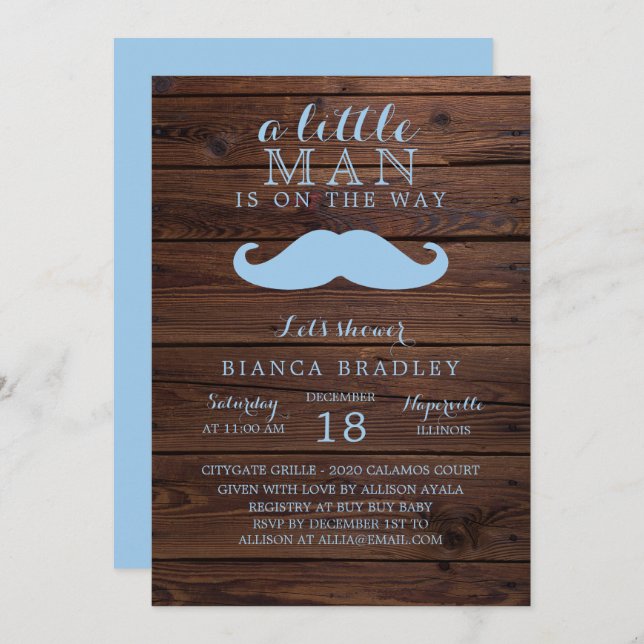 Invitación a Baby Shower de Little Man | Mustache  (Anverso / Reverso)