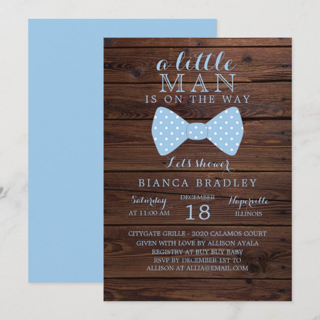 Invitación a Baby Shower de Little Man | Wood Bow  (Anverso / Reverso)