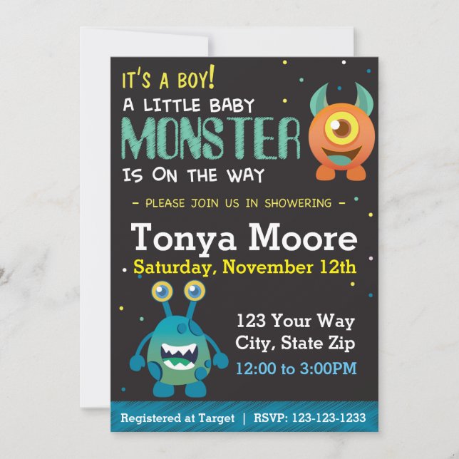Invitación a Baby Shower de Little Monster Blue (Anverso)