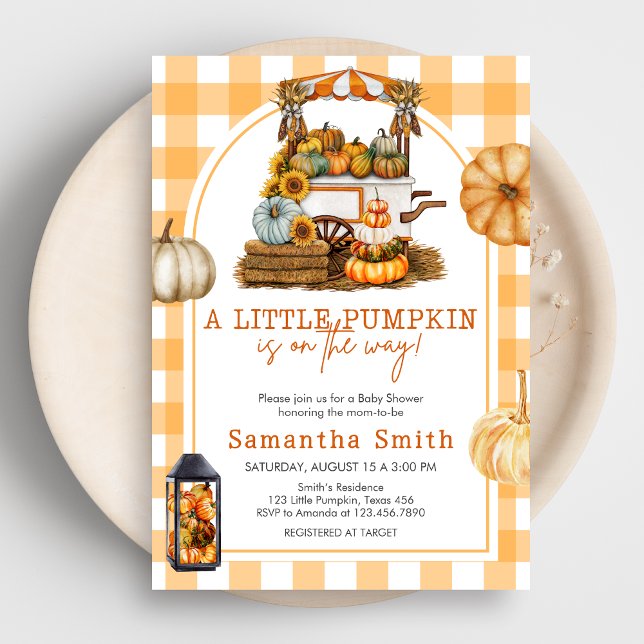 Invitación a Baby Shower de Little Pumpkin Gingham (A Little Pumpkin Baby Shower Invitation)