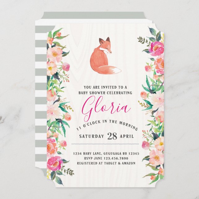 Invitación a Baby Shower de Little Red Fox Floral (Anverso / Reverso)