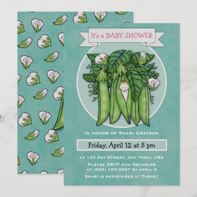Invitación a Baby Shower de Little Sweet Pea (Anverso / Reverso)