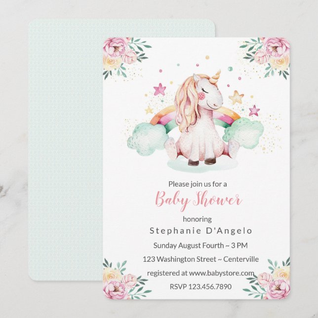 Invitación a Baby Shower de Little Unicorn (Anverso / Reverso)