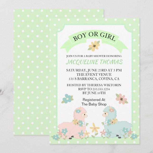 Invitación a Baby Shower de Llama de género revela (Anverso / Reverso)