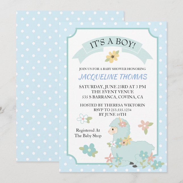 Invitación a Baby Shower de Llama de niño (Anverso / Reverso)