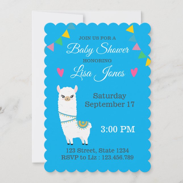 Invitación a Baby Shower de Llama de personalizabl (Anverso)