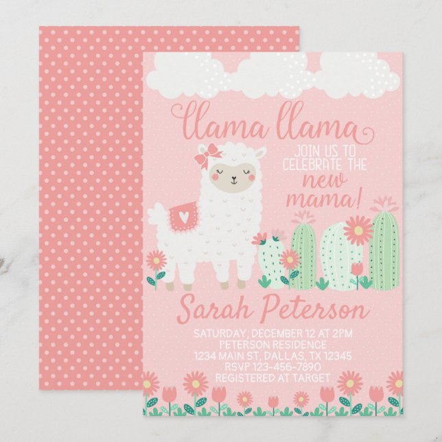 Invitación a Baby Shower de Llama Rosa (Anverso / Reverso)