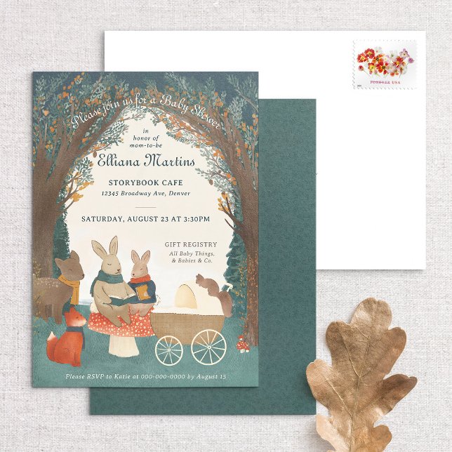Invitación a Baby Shower de los amigos de Woodland (Woodland Storybook Baby Shower Invitation, front and back, along with envelope)