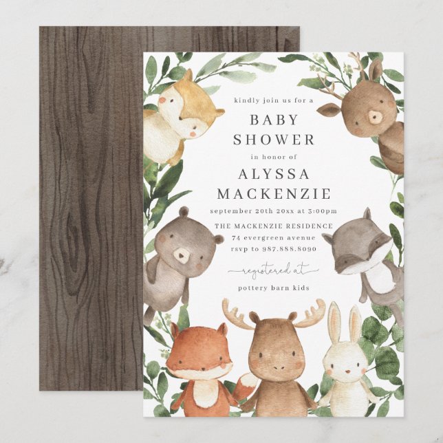 Invitación a Baby Shower de los amigos de Woodland (Anverso / Reverso)