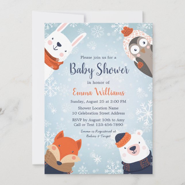 Invitación a Baby Shower de los animales de invier (Anverso)
