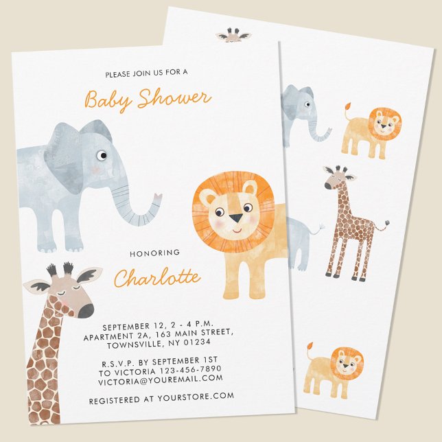 Invitación a Baby Shower de los animales salvajes  (Safari animal watercolor personalized baby shower invitation with original art by Nic Squirrell. )