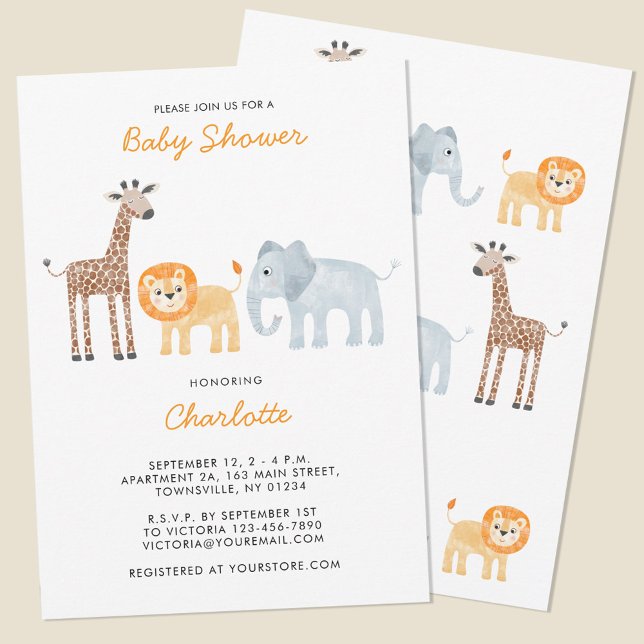 Invitación a Baby Shower de los animales salvajes  (Cute watercolor safari animal lion elephant giraffe personalized baby shower invitation)
