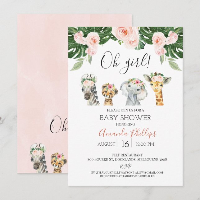 Invitación a Baby Shower de los chicas Floral Safa (Anverso / Reverso)