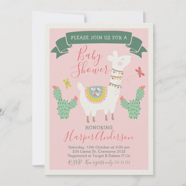 Invitación a Baby Shower de los chicas Llama y cac (Anverso)