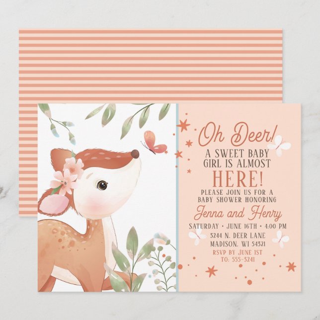 Invitación a Baby Shower de los chicas Oh venado (Anverso / Reverso)