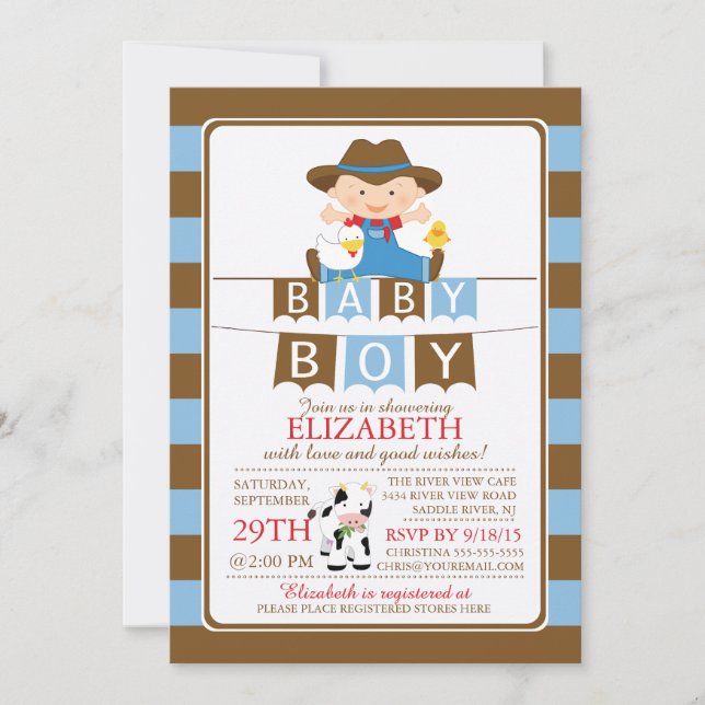 Invitación a Baby Shower de los chicos agricultore (Anverso)