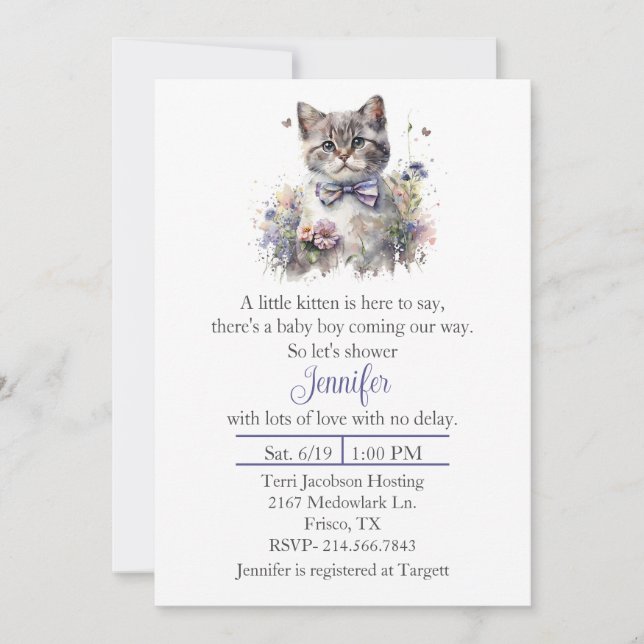 Invitación a Baby Shower de los chicos de gatito (Anverso)
