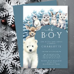 Invitación a Baby Shower de los chicos de invierno<br><div class="desc">Esta encantadora ducha de bebé de invierno cuenta con amigos animales del Ártico, entre ellos un oso polar, reno, pingüino, foca, conejito y lobo, con un fondo de árboles nevados. La invitación está fijada en un fondo azul arcaico con las palabras "¡Oh niño!" en una letra lúgubre en la parte...</div>