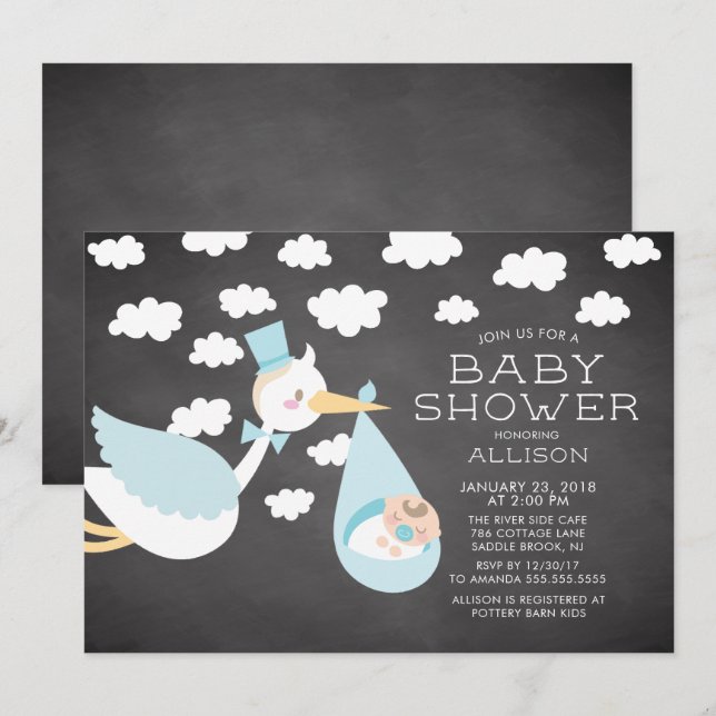 Invitación a Baby Shower de los chicos de la cigüe (Anverso / Reverso)
