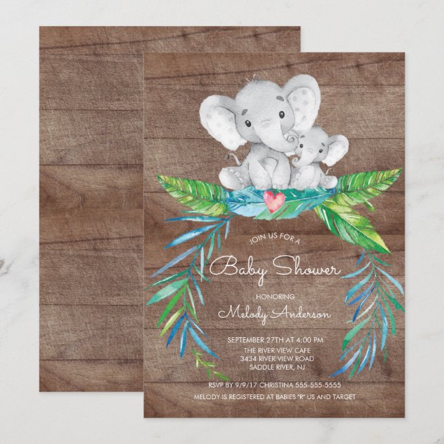 Invitación a Baby Shower de los Elefantes de la Se (Anverso / Reverso)