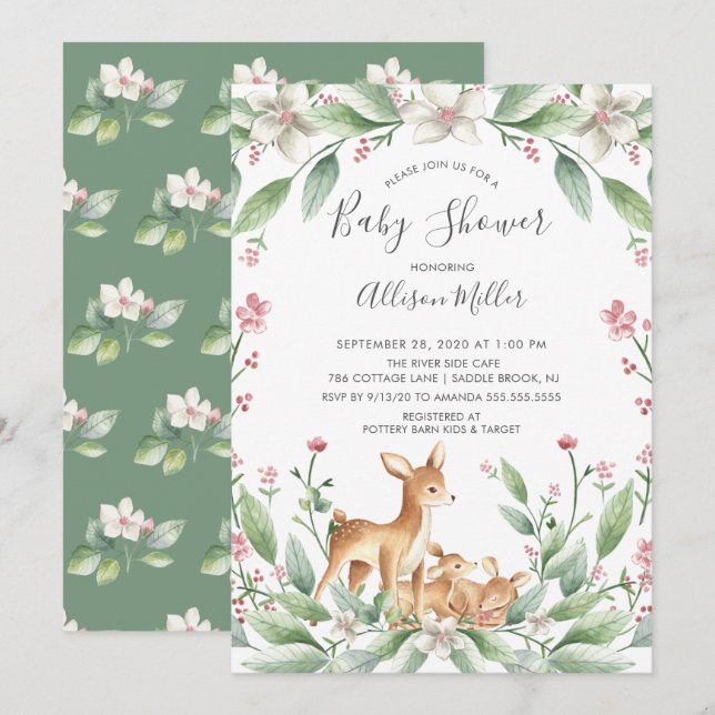 Invitación a Baby Shower de los gemelos de ciervos (Anverso / Reverso)