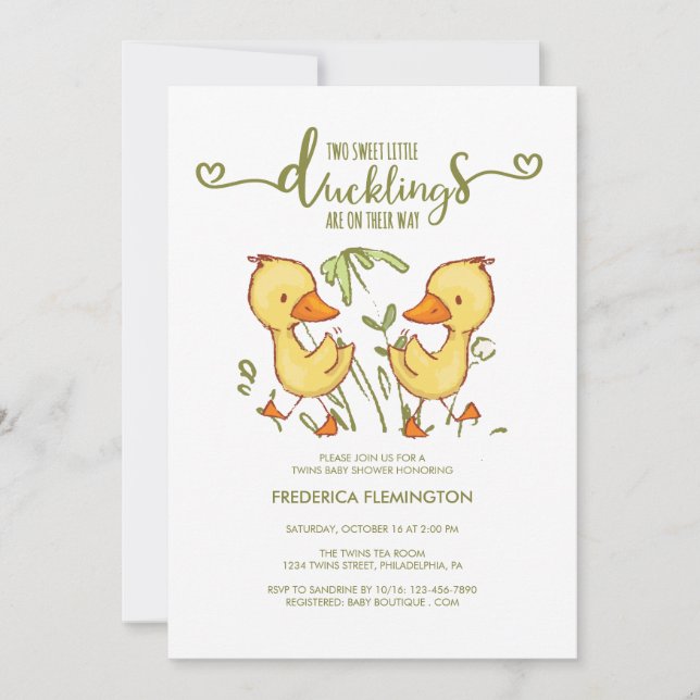 Invitación a Baby Shower de los gemelos duckling (Anverso)