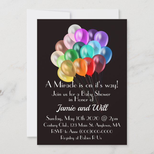 Invitación a Baby Shower de los globos arcoiris (Anverso)