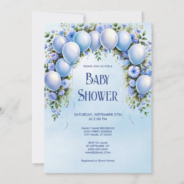 Invitación a Baby Shower de los globos azules (Anverso)