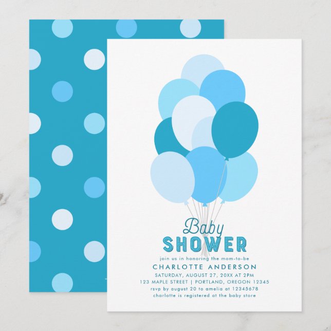 Invitación a Baby Shower de los globos azules (Anverso / Reverso)