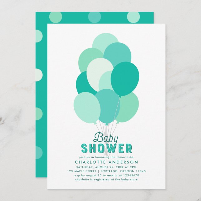 Invitación a Baby Shower de los globos verde azula (Anverso / Reverso)