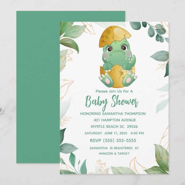 Invitación a Baby Shower de los niños de dinosauri (Anverso / Reverso)